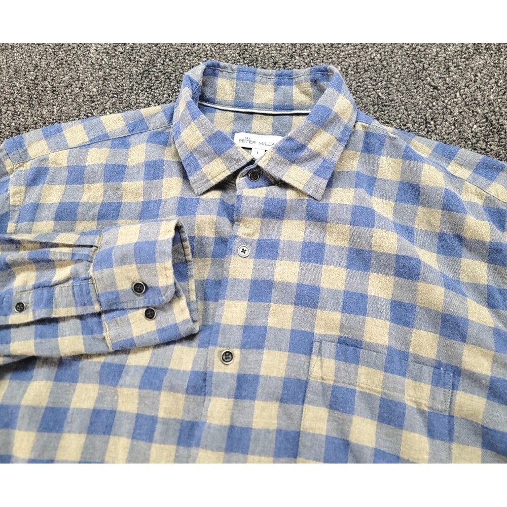 Peter Millar Crown Soft Shirt Mens Large Blue Plaid Cotton Silk Button Down